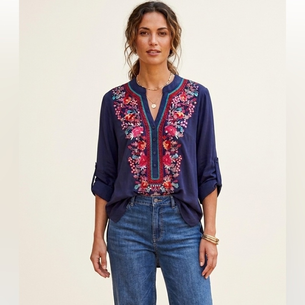 Anthropologie Luna Moon Tunic Top Boho Navy Floral Embroidered Large Cottagecore